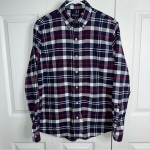 CHAPS Stretch Oxford Men's Button down Casual Navy and Red Plaid Shirt Medium